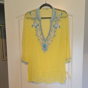 90's Vintage Boston Proper Yellow and Turquoise Beaded Top